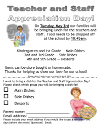 Parent Provided Lunch for Teachers and Staff May 3rd