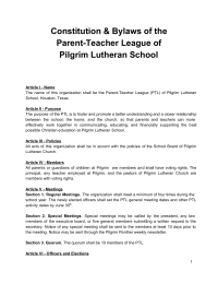 Parent Teacher League Constitution and By Laws for Church School