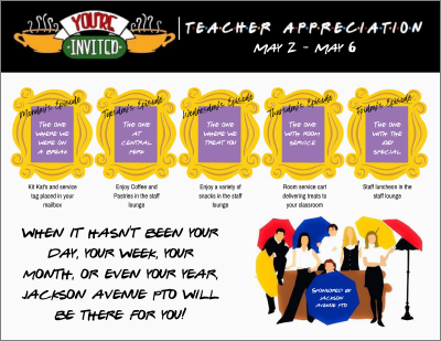 Friends-theme teacher appreciation event - itinerary