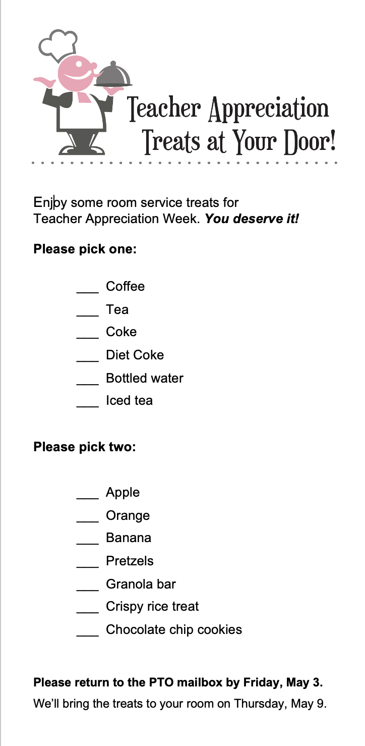 Room Service Menu for Teacher Appreciation