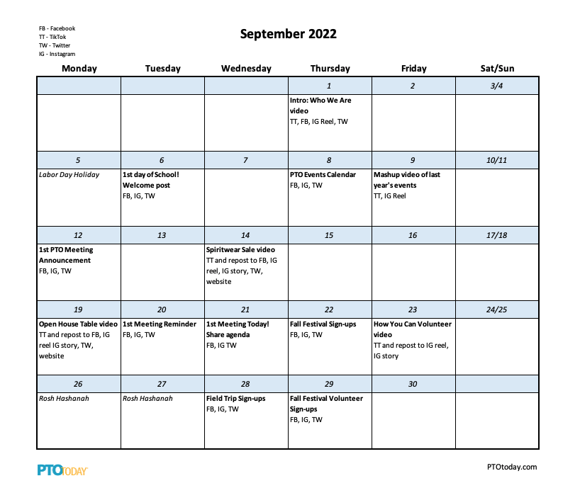 Social Media Content Calendar Template for PTOs and PTAs